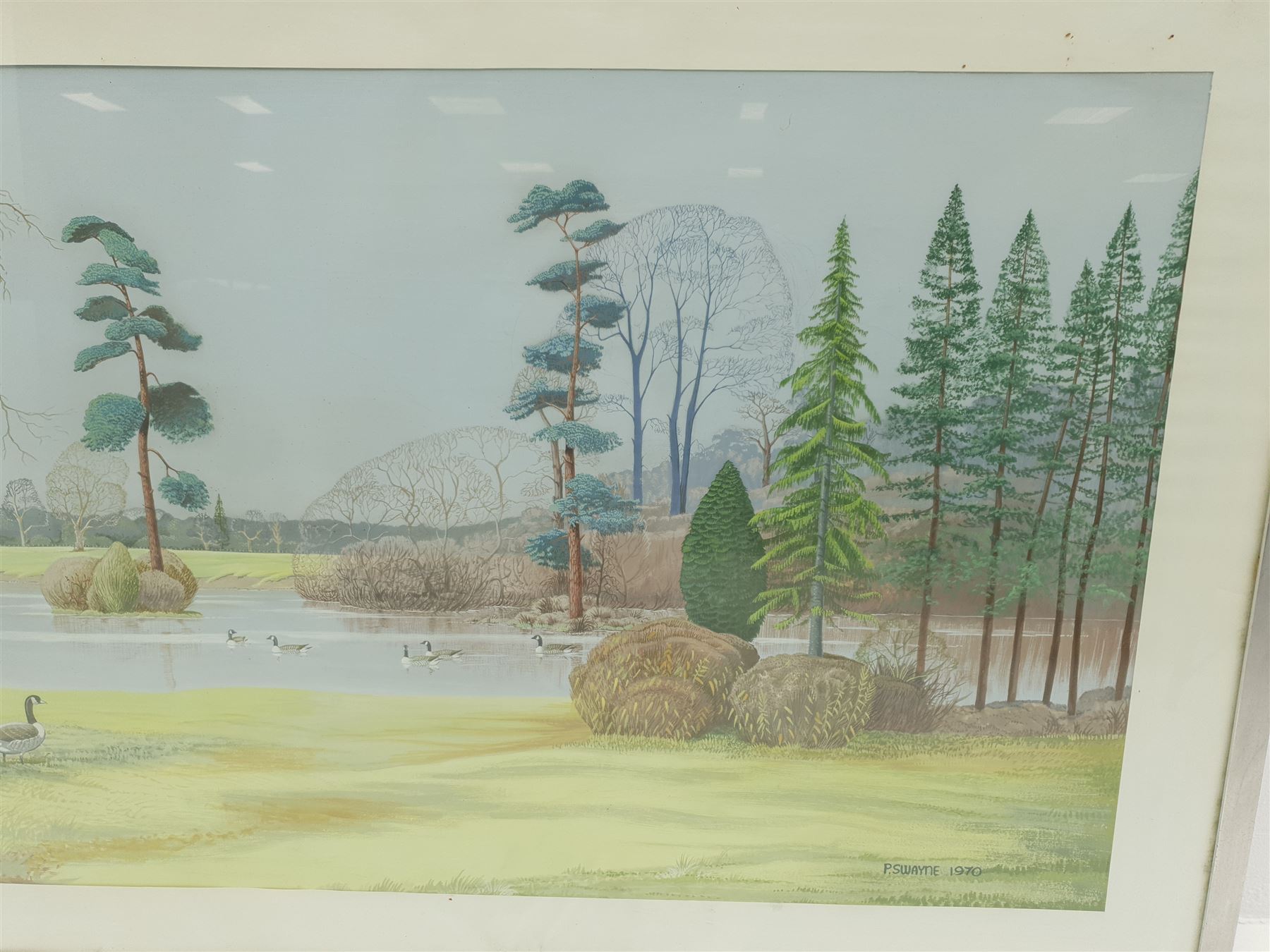 P Swayne (British 20th century): Geese in a River Landscape, oil on panel signed and dated 1970, 64cm x 144cm