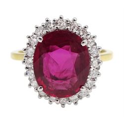 18ct gold ruby and diamond cluster ring, hallmarked, ruby 3.85 carat