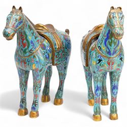 Pair of Chinese 20th century cloisonne Tang style horses with removeable saddles H35cm and a cloisonne and gilt metal koro