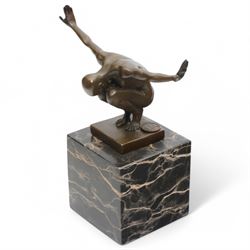 Bronze figure after Milo, a 'Power Of Silence', modelled as a male athlete crouched with arms outstretched upon a marble plinth, signed Milo, H15cm