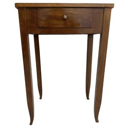19th century Biedermeier design maple and beech side table, figured book-matched maple veneer top over single drawer, on square tapering supports terminating to pointed feet