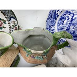 Royal Crown Derby Brocade pattern jug and sugar bowl, together with a similar gilt floral pattern bowl, three graduating Staffordshire style pearlware cottage jugs, Leeds Pottery model cottage and other ceramics and glassware, etc