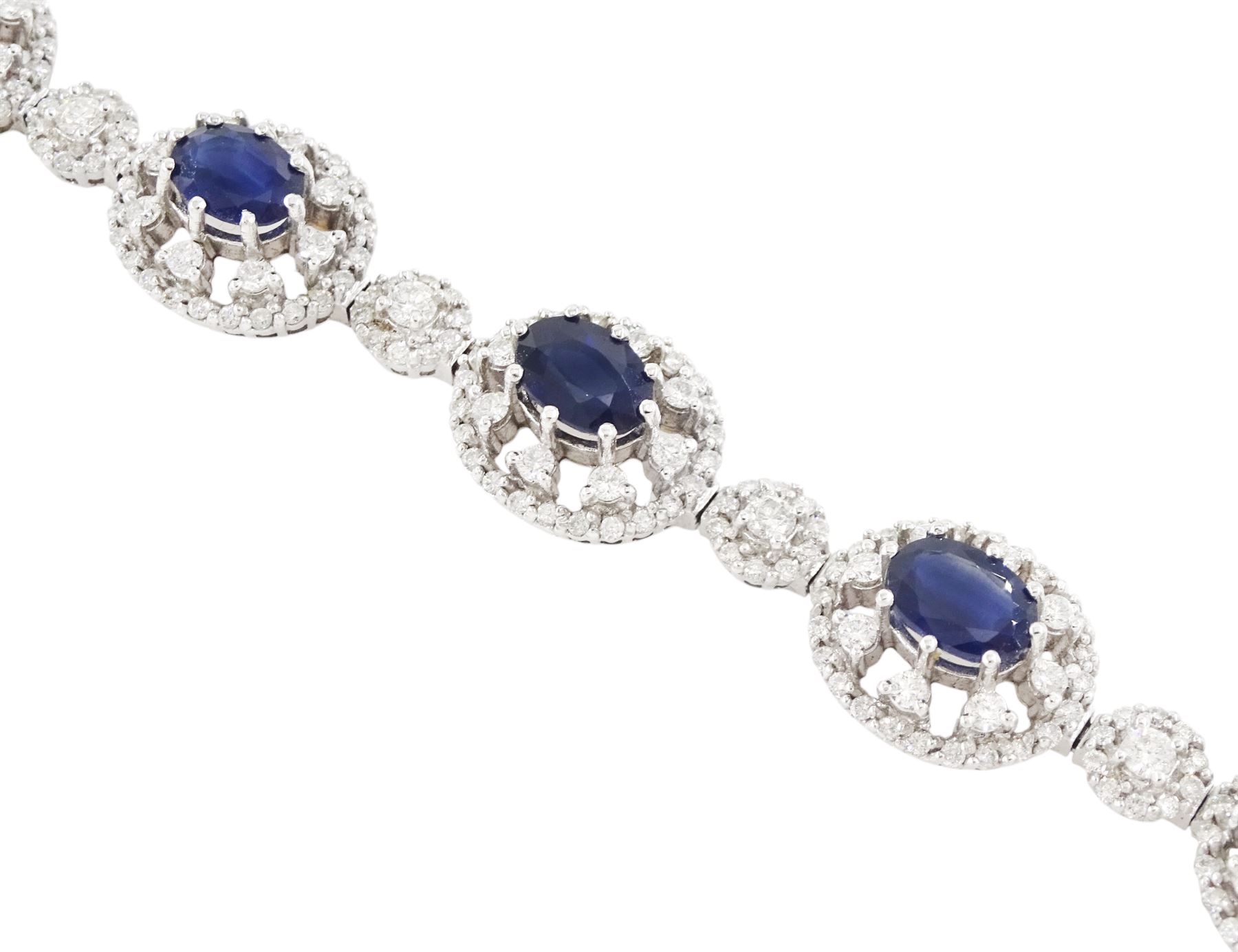 18ct white gold oval cut sapphire and round brilliant cut diamond bracelet, stamped 750, total sapphire weight approx 8.00 carat, total diamond weight approx 3.65 carat