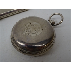  Silver engine turned cigarette case, interior inscribed Presented to Mr E. Mc Gibbon by the officers and staff of R.A.O.C Records 3rd July 1946, Birmingham, 1945 and Victorian silver pocket watch, London, 1874  