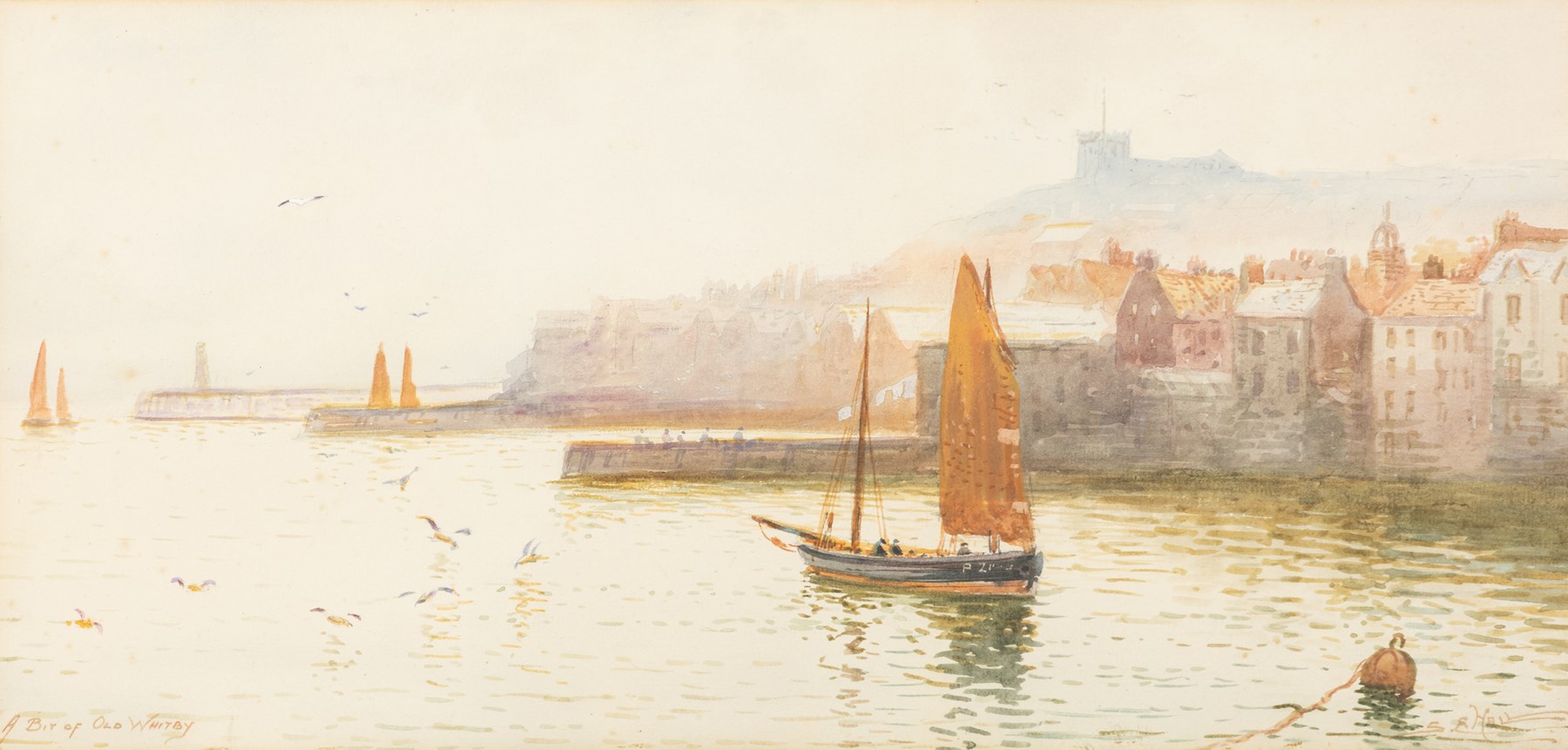 S E Hall (British fl.1910-1930): 'A Grey Day in Scarborough' and 'A Bit of Old Whitby', pair of watercolours signed and titled, in matching frames 20.5cm x 42.4cm (2)