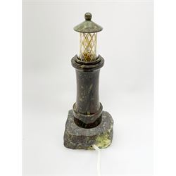 20th century Cornish Serpentine table lamp modelled as a lighthouse, H25cm  