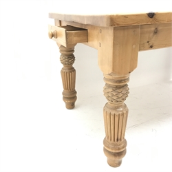 Solid pine table, turned tapering reeded supports (W153cm, H79cm, D91cm) and set  five beech ladder back dining chairs, rush seat, square supports (W48cm)