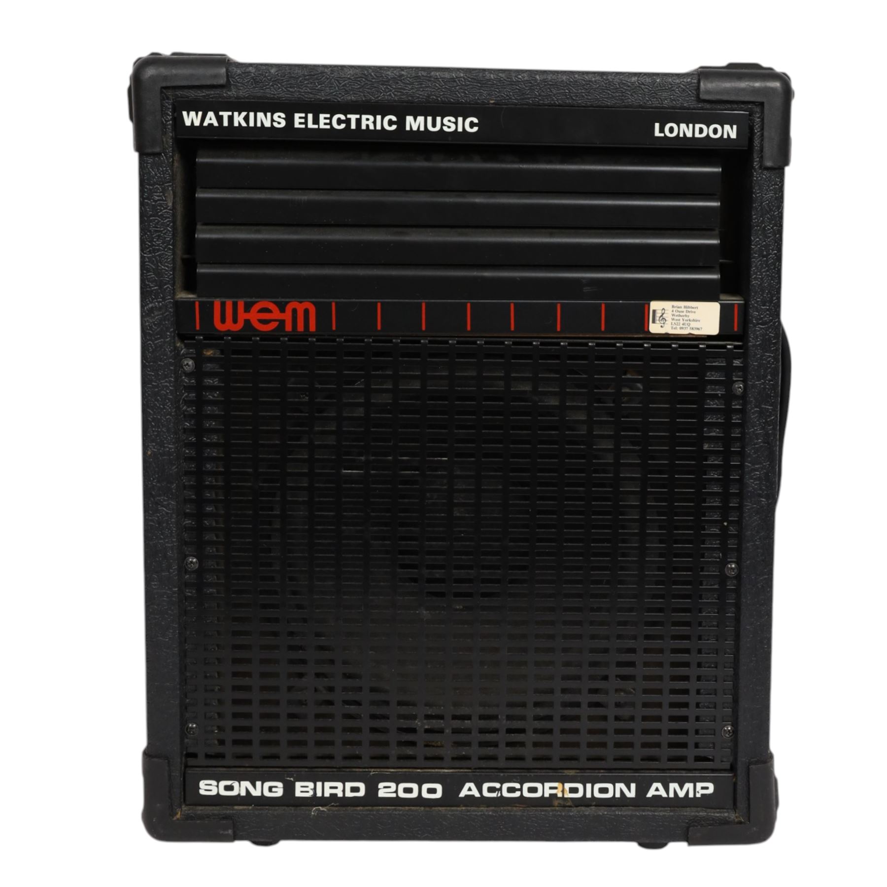 Nine Watkins WEM Song Bird Accordion amplifiers and speakers, including three Silver Songbird Full Range speakers, two Song Bird 200 amplifiers, two WEM amplifier heads and two Song Bird 200 speakers, largest H50cm 