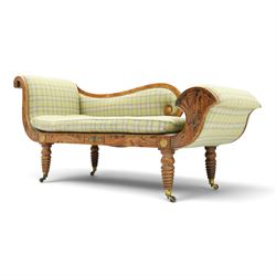  19th century scumbled oak chaise longue upholstered in tartan fabric, swept frame with gilt mounts, studded border with loose base cushion, raised on turned bobbin supports terminating brass castors