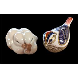 Royal Crown Derby Goldcrest paperweight with silver stopper, and a Royal Copenhagen duck figure