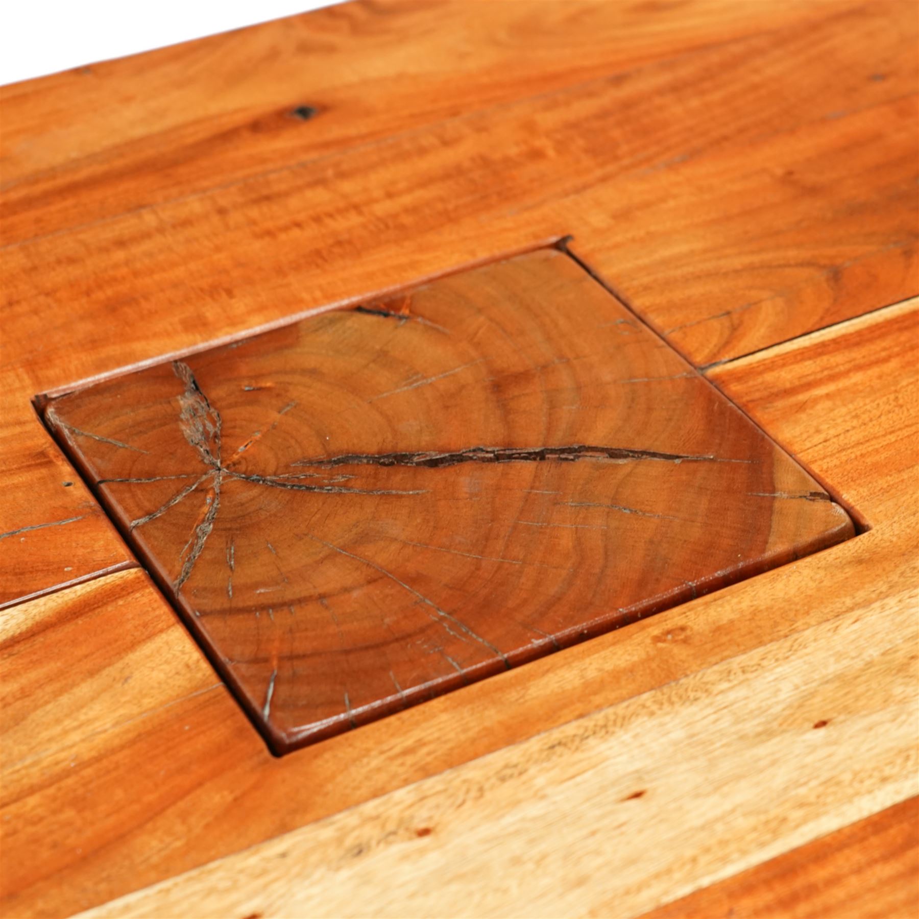 Hardwood coffee table, rectangular top on block supports 