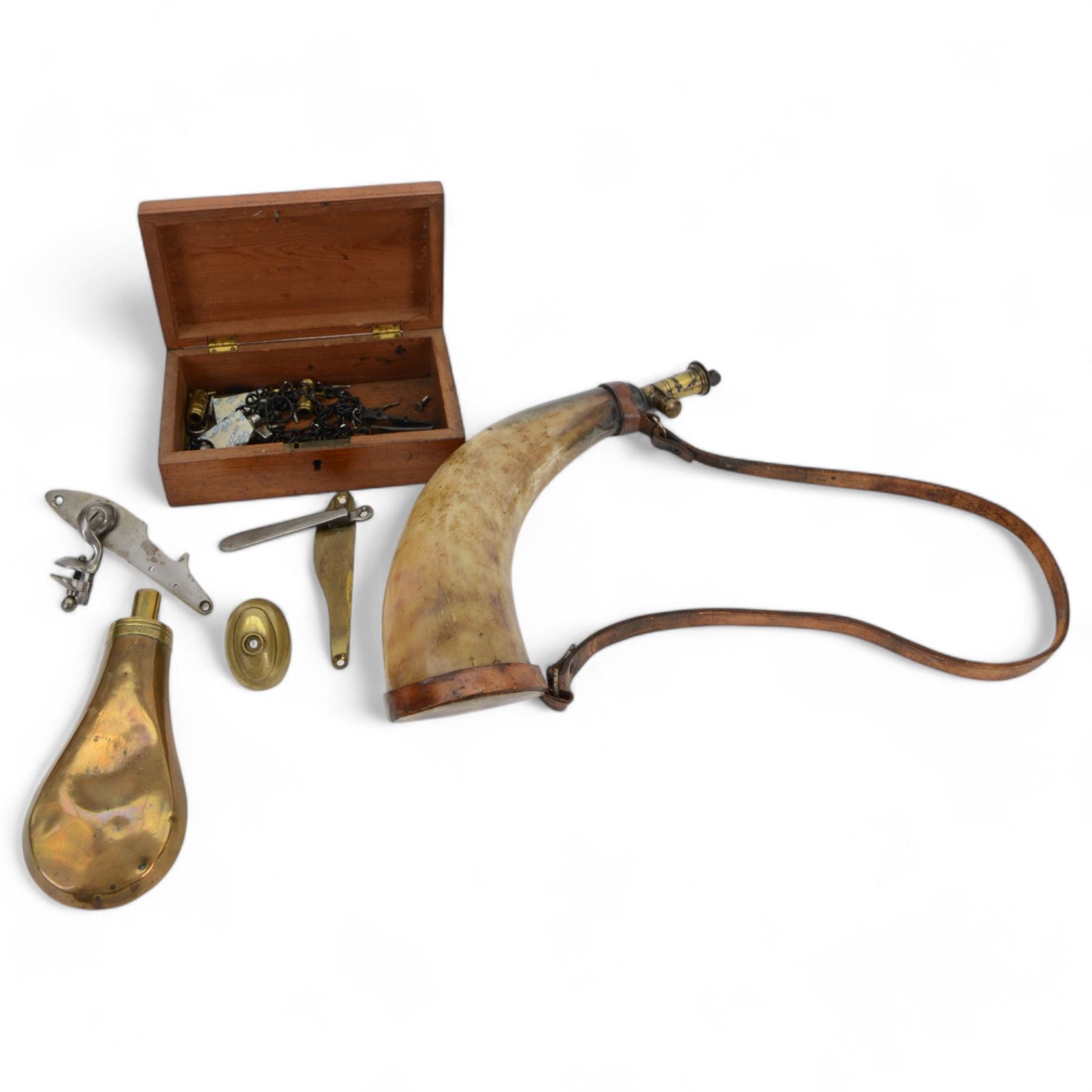 Horn powder flask, together with copper flask and a box of gun parts  