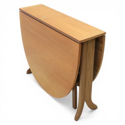 Nathan - teak drop leaf dining table and four Nathan dining chairs, the rectangular top with rounded corners fitted with twin hinged drop leaves and gate legs, extended to form an oval table 174cm in length, raised on square section supports united by stretchers, the chairs with teak frames and padded beige upholstered seat (H 96cm, W 48cm)