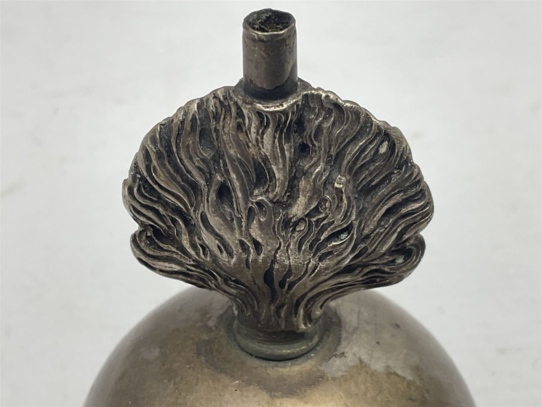 Pre-WW2 German presentation silver mess cigar lighter in the form of a flaming globular grenade with flambe finial inscribed 'Oberleutnant v.Both Reit. Artillerieabtlg. 1 Jnsterburg 1.10.1936' and 'R1' verso; marked 'Moon Crown 835 D. Gadebusch' H10cm