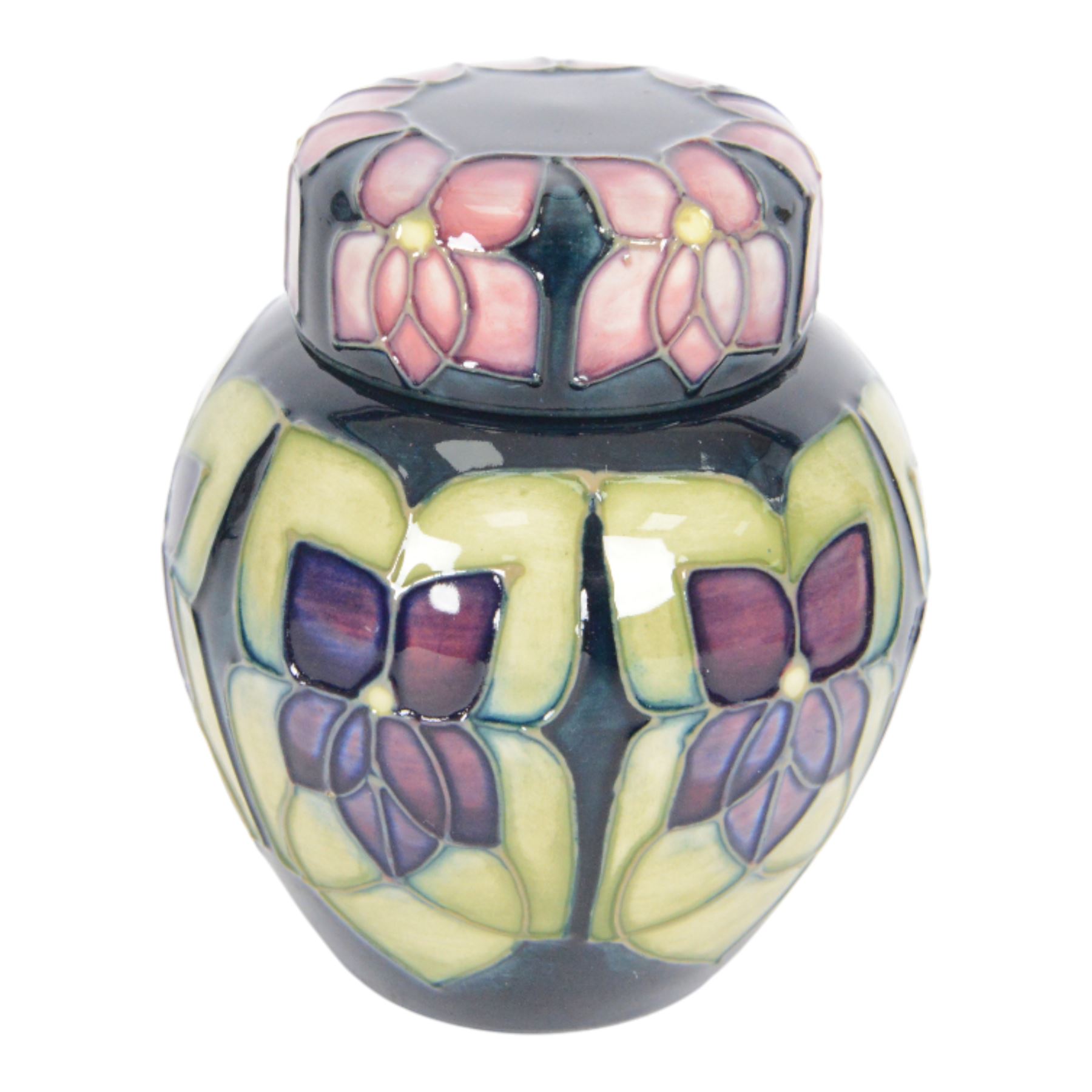 Moorcroft violets pattern ginger jar, together with matching covered dish and mug, all with original boxes, ginger jar H11cm 