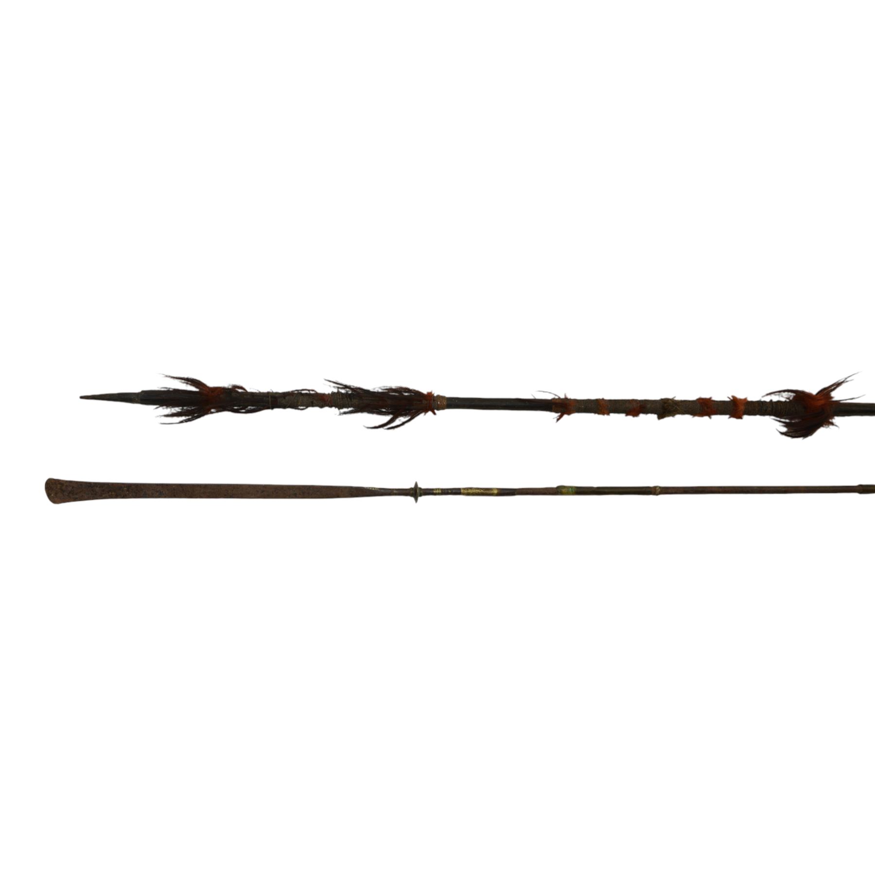 Tuareg tribe steel spear with inlaid brass work and a Northern Indian Naga barbed spear, longest L187cm 