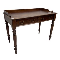 Victorian design mahogany washstand, raised back over rectangular moulded top, fitted with two drawers, on turned supports