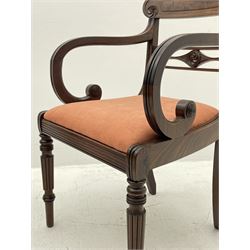 Regency mahogany elbow chair, shaped cresting rail over pierced middle rail carved with stylised flower heads, moulded sweeping arms with scroll terminals, turned and reeded supports 
