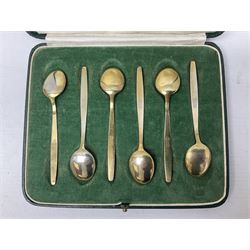 Mid-century cased set of six David Anderson guilloche and gilt coffee spoons, with enamelled bowls and handles stamped 'D.A', scales mark, '9255', 'Norway' and 'Sterling'