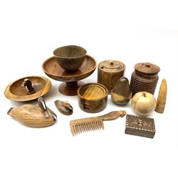 Collection of treen items including walnut jar, two yew bowls, laburnum bowl, coasters, two ducks etc.  