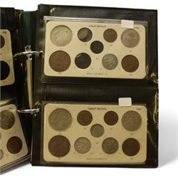 Mostly Great British coins, including various pre 1920 silver three pence pieces, pre 1947 silver sixpences and one shillings, pre-decimal coinage, commemorative crowns, unofficial year sets and part sets etc, housed in eight folders