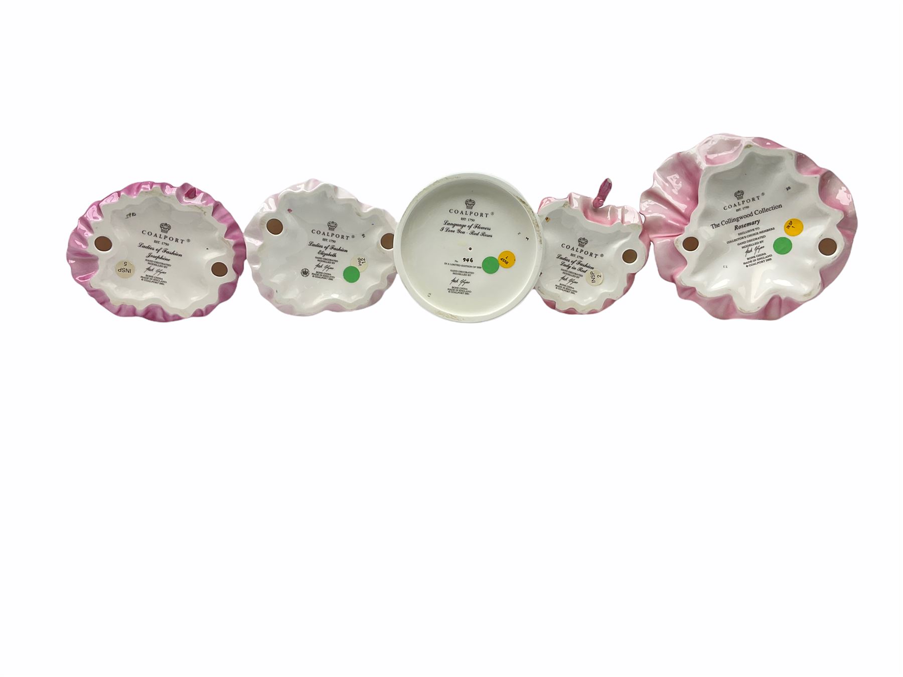 Five Royal Worcester figures, comprising Rachel, Kate, Hannah, Sarah, and Annabel, together with five Coalport figures, comprising Language of flowers I love you Roses are Red limited edition 946 of 2000, the Collingwood collection Rosemary, Ladies of Fashion Lady in Red, Elizabeth, and Josephine, each with box. 