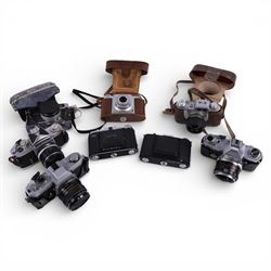 Collection of vintage cameras, including Aka Rette, Zeiss Ikon Nettar, Agfa Silhette, Topc...
