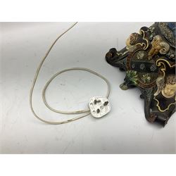 Composite table lamp modelled as a Roman Emperor donning blue robes, upon quatrefoil base modelled with rams heads and winged cherubs, H56cm excl fitting