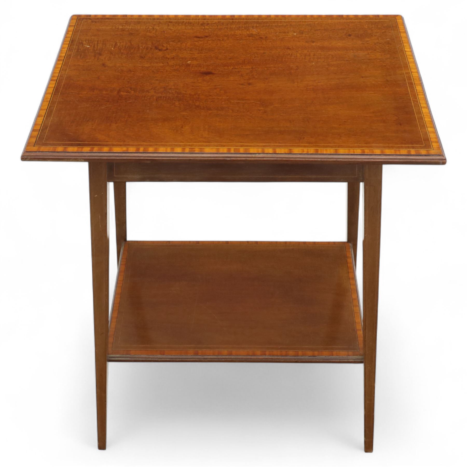 Three-piece mixed furniture lot, comprising an Edwardian mahogany occasional table with inlaid border and under-tier (H 70cm, W 54cm, D 38cm), a French parquetry corner cabinet with ormolu mounts (H 83cm, W 50cm, D 29cm), and a shaped walnut framed wall mirror with scroll cresting (H 75cm, W 43cm)