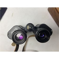Three pairs of binoculars to include Enbeeco Concord and Bresser, Palestine police patch, framed pictures etc