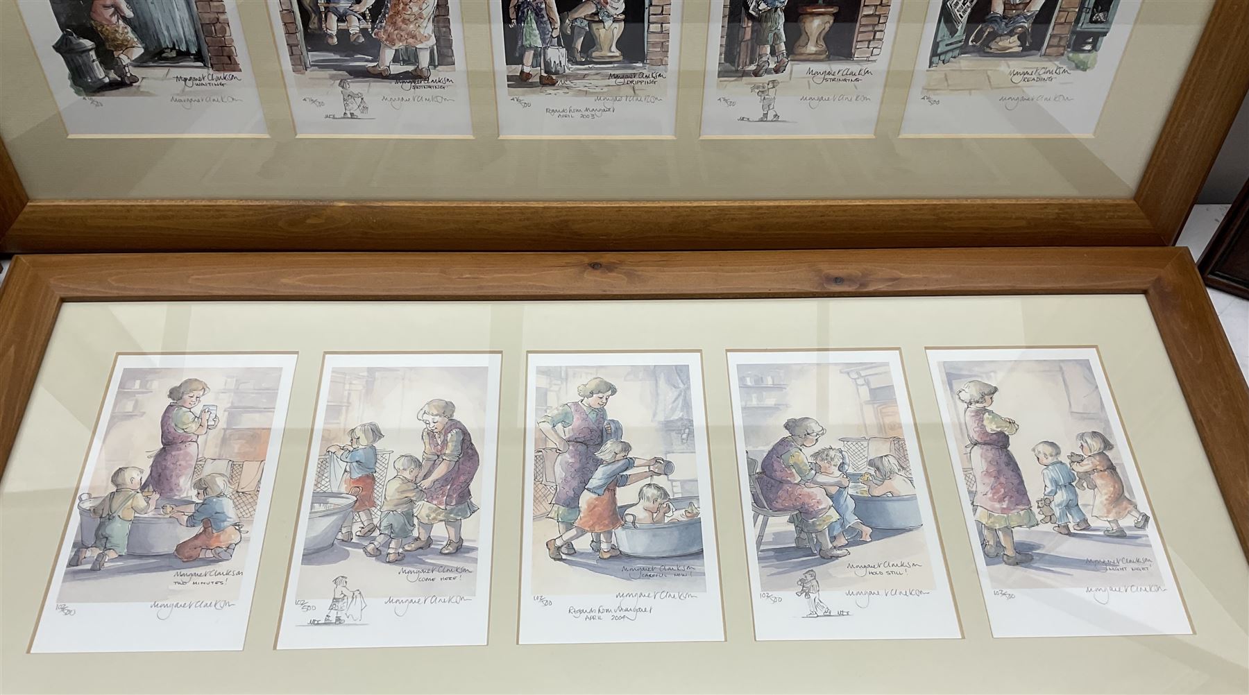 After Margaret Clarkson (British 1941-): 'Wash With Mother' 'Porridge Again' and 'Shoe Shine Boy', three limited edition colour prints signed and numbered together with two more framed prints after the artist each comprising of five limited edition signed colour prints max 28cm x 38cm (5)