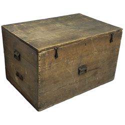 19th century pine tool chest, hinged lid, fitted with metal carrying handles