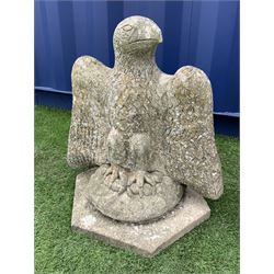 Pair composite stone perched eagle figures/gate post toppers with spread wings, on hexagonal slab base  - THIS LOT IS TO BE COLLECTED BY APPOINTMENT FROM DUGGLEBY STORAGE, GREAT HILL, EASTFIELD, SCARBOROUGH, YO11 3TX