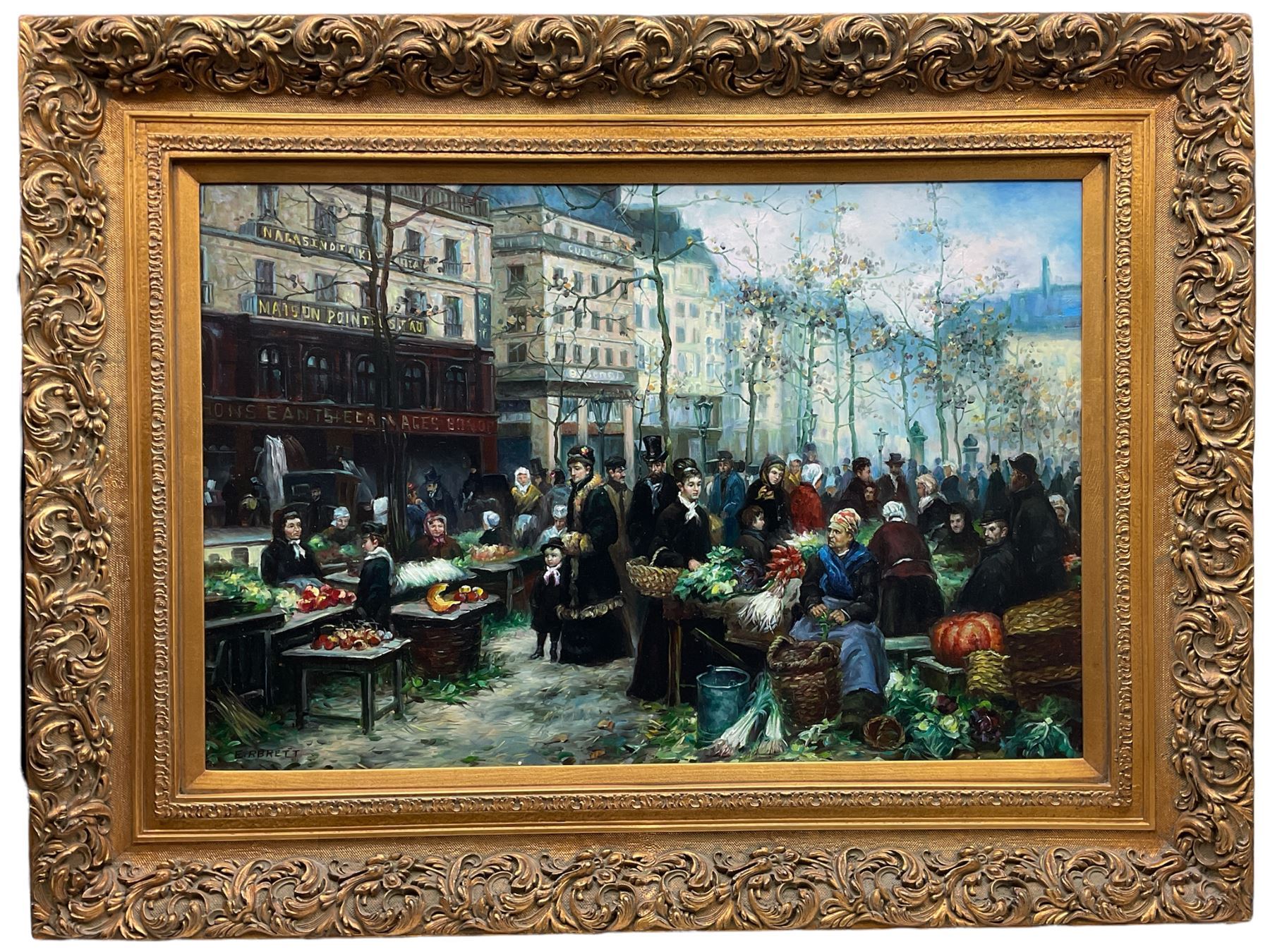 E R Brett (Continental 20th century): French Market Scene, oil on canvas signed 60cm x 90cm in heavy ornate gilt frame