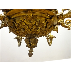  Early 20th century Classical Revival ornate cast brass chandelier, six branches on a central coronet supported by loop chains, D90cm, H115cm  