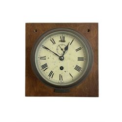 20th century - Brass cased ships bulkhead clock with an Astral movement.5” dial mounted on a square oak board