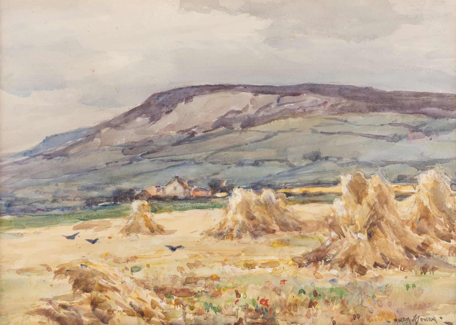 Owen Bowen (Staithes Group 1873-1967): Haystacks at Stoupe Brow near Robin Hood's Bay, watercolour signed 24cm x 34.5cm