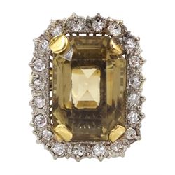 Gold emerald cut citrine/smoky quartz and diamond ring, stamped 18ct 