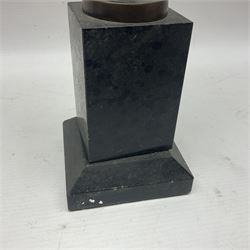 Bronzed semi nude female figure with one hand raised, upon a marble plinth, H43cm  