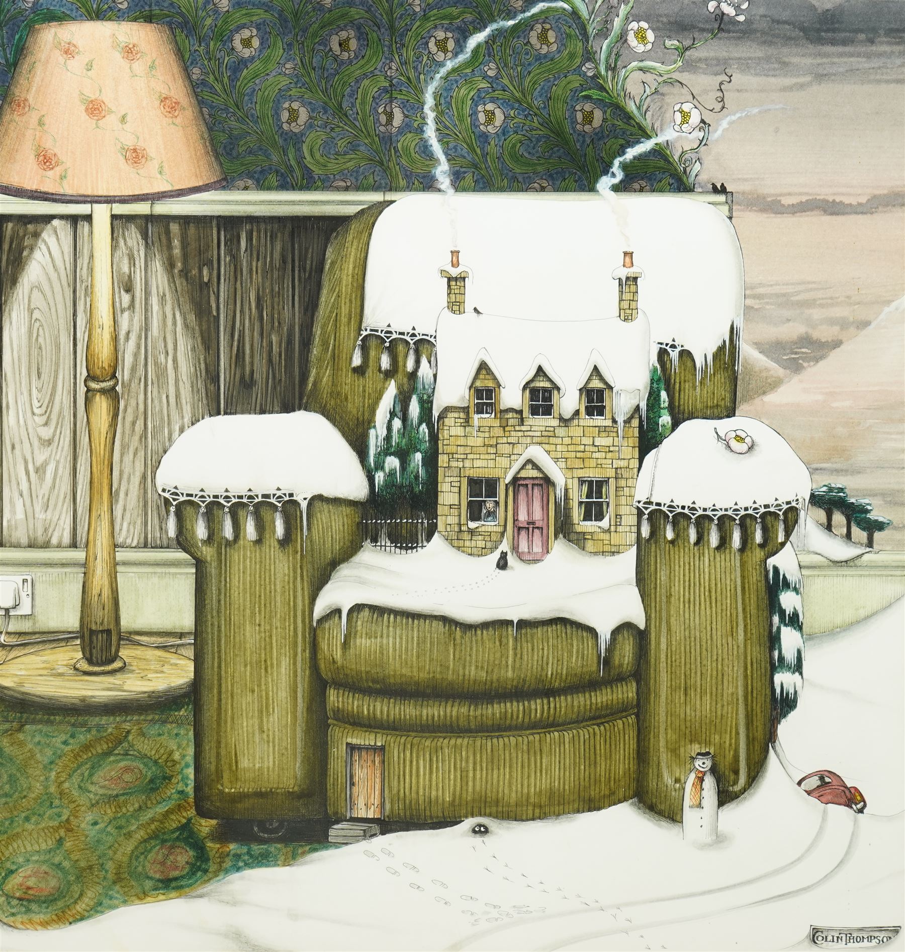 Colin Thompson (British/Australian 1942-): House in Snow on Armchair Illustration, ink and watercolour signed 39cm x 37cm Notes: Featured in Thompson's the 'Pictures of Home' book, commissioned by Leeds Permanent Building Society, page 24.