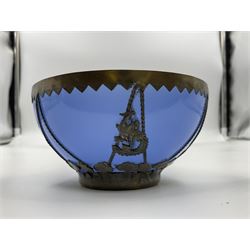 Chinese bronze vase, of baluster form with elongated neck, decorated in relief with birds amongst prunus blossom, together with a smaller pair of twin handled bronzed vases, decorated with peacocks and a blue Peking glass dish, with white metal mounted decorated with dragons, bronze vase H23.3cm