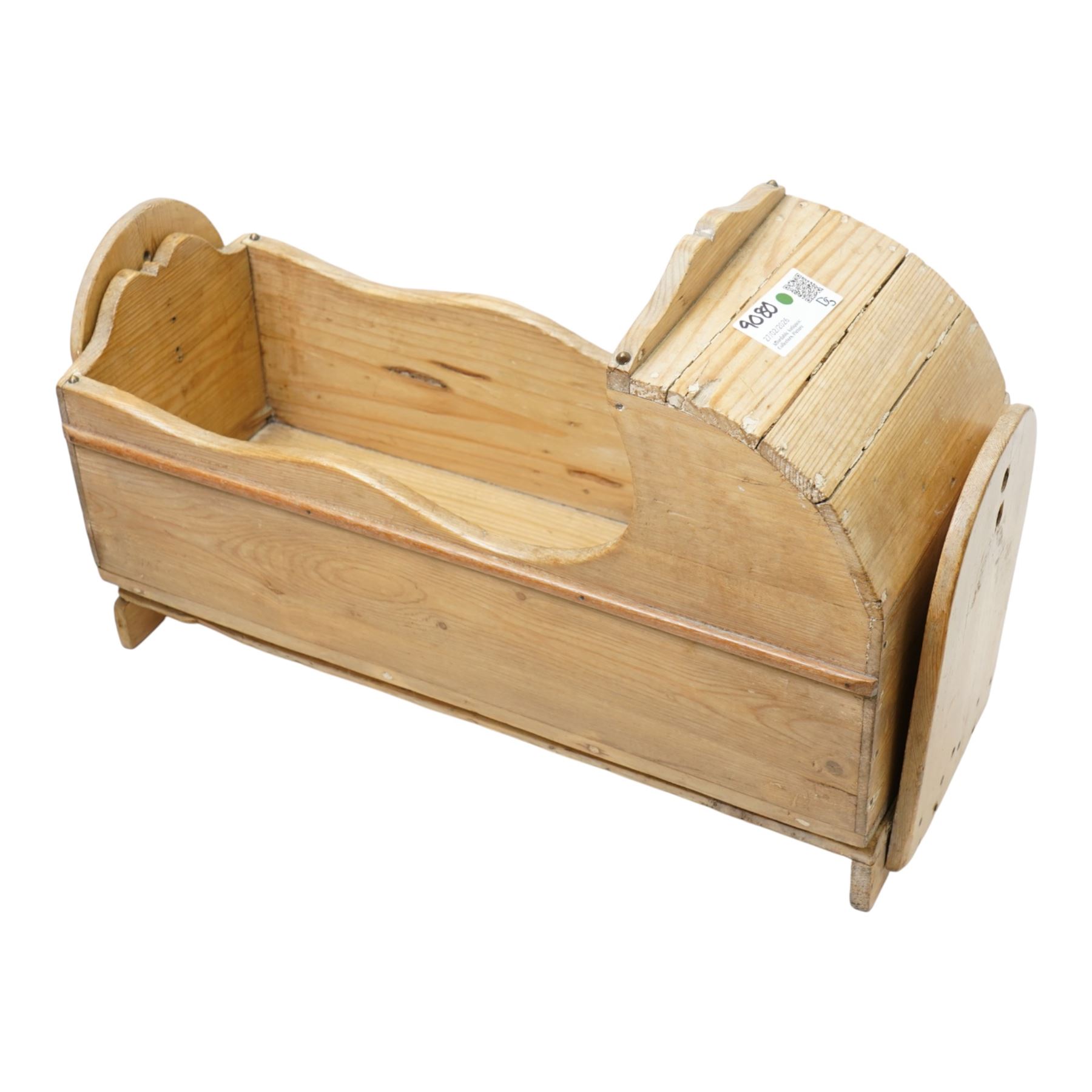 Pine Dolls crib, Pedigree push along rescue dog, warming pan and John Watts mahogany folding tray