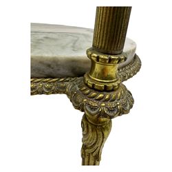Late 20th century cast gilt metal and marble two-tier stand, pink and grey marble top and undertier, the base decorated with floral garlands, on reed moulded supports with splayed terminals 