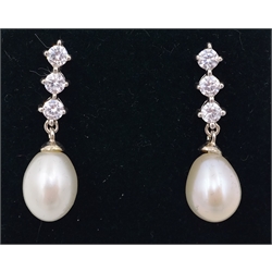  Pair of pearl and cubic zirconia pendant ear-rings stamped 925  