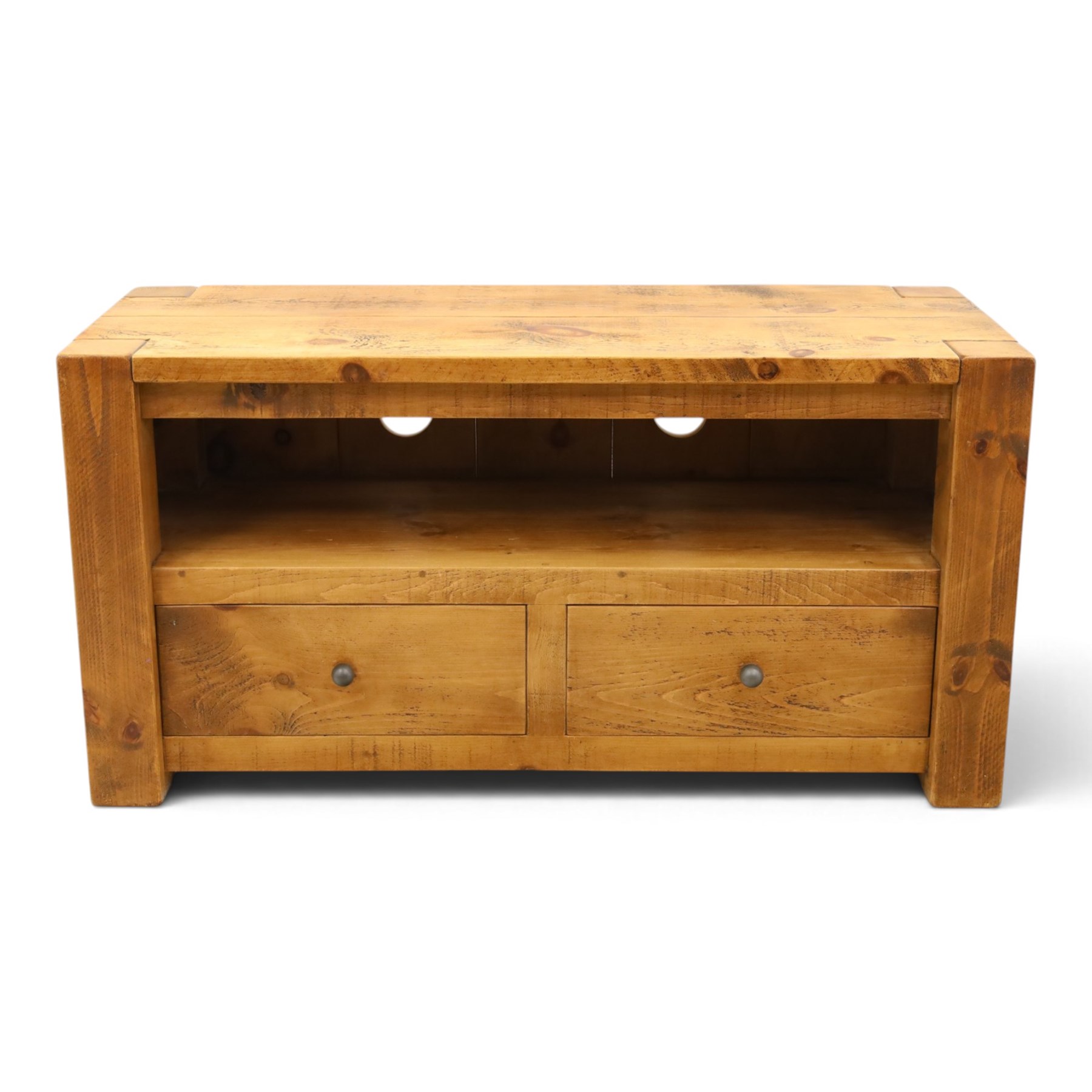 Indigo Furniture - rustic oak media cabinet, rectangular top over open shelf, two drawers fitted to base
