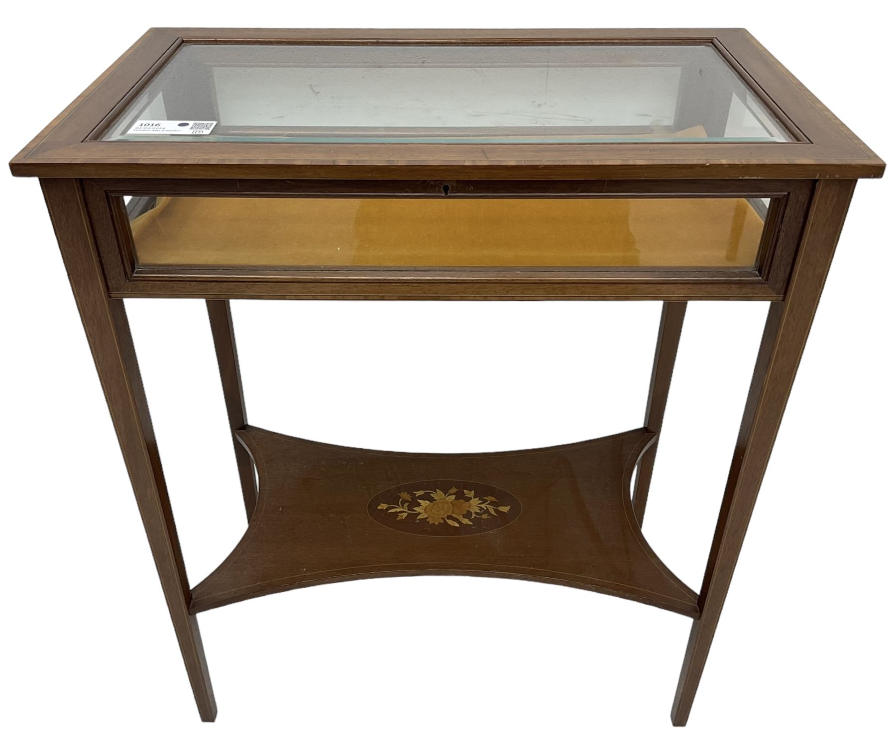 Edwardian Revival inlaid mahogany bijouterie display table, hinged bevel glazed lid within mahogany frame with satinwood band, on square tapering supports united by undertier inlaid with flowers 