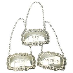 Set of three silver decanter labels Sherry, Gin and Whisky