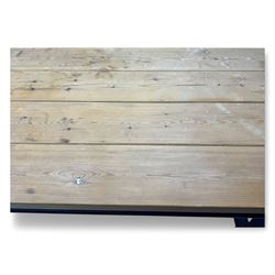 Late 20th century substantial pine refectory table, rectangular four-plank top over an indigo painted base featuring turned supports united by box stretchers