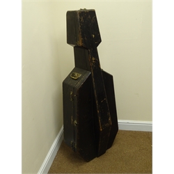  Late 19th/early 20th century ebonised pine cello case by W.E. Hill, 120 Bond Street, London, original brass carrying handles, hook catches, hinges and locks, green plush and mahogany fitted interior, with ebonised bow stays, leather strap and two hinged compartments L131cm  