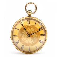 19th century 18ct gold cylinder pocket watch, gilt dial with Roman numeral hour markers, r...